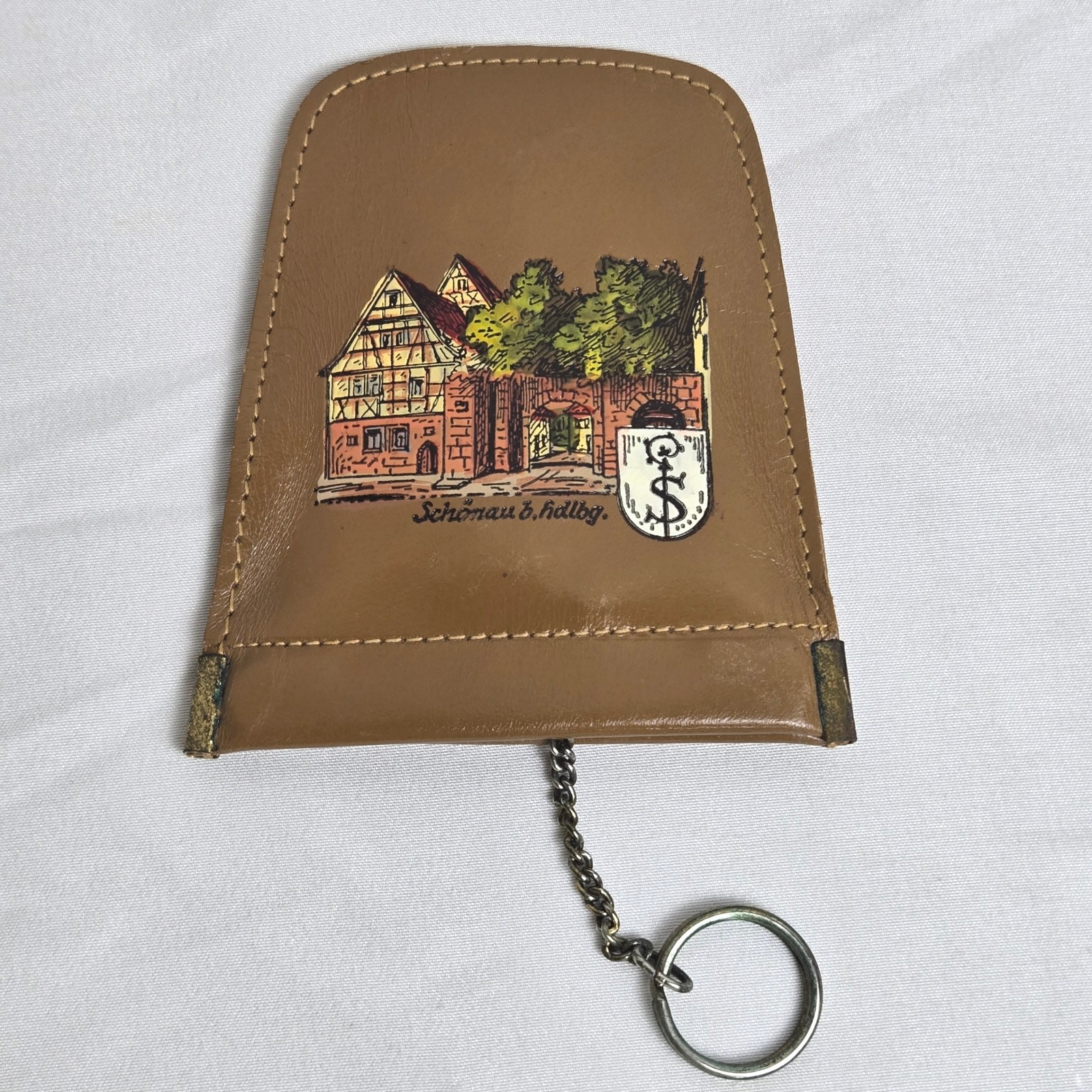 Schnau B. Hdlbg Germany Souvenir Squeeze Coin Pouch Key Ring Tan 3.5"